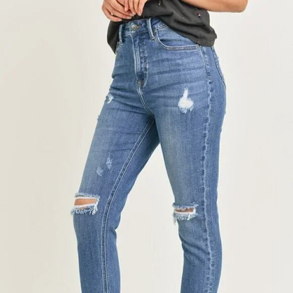 High Rise Medium Wash Relaxed Fit Distressed Skinny Jean - Picture 4 of 9